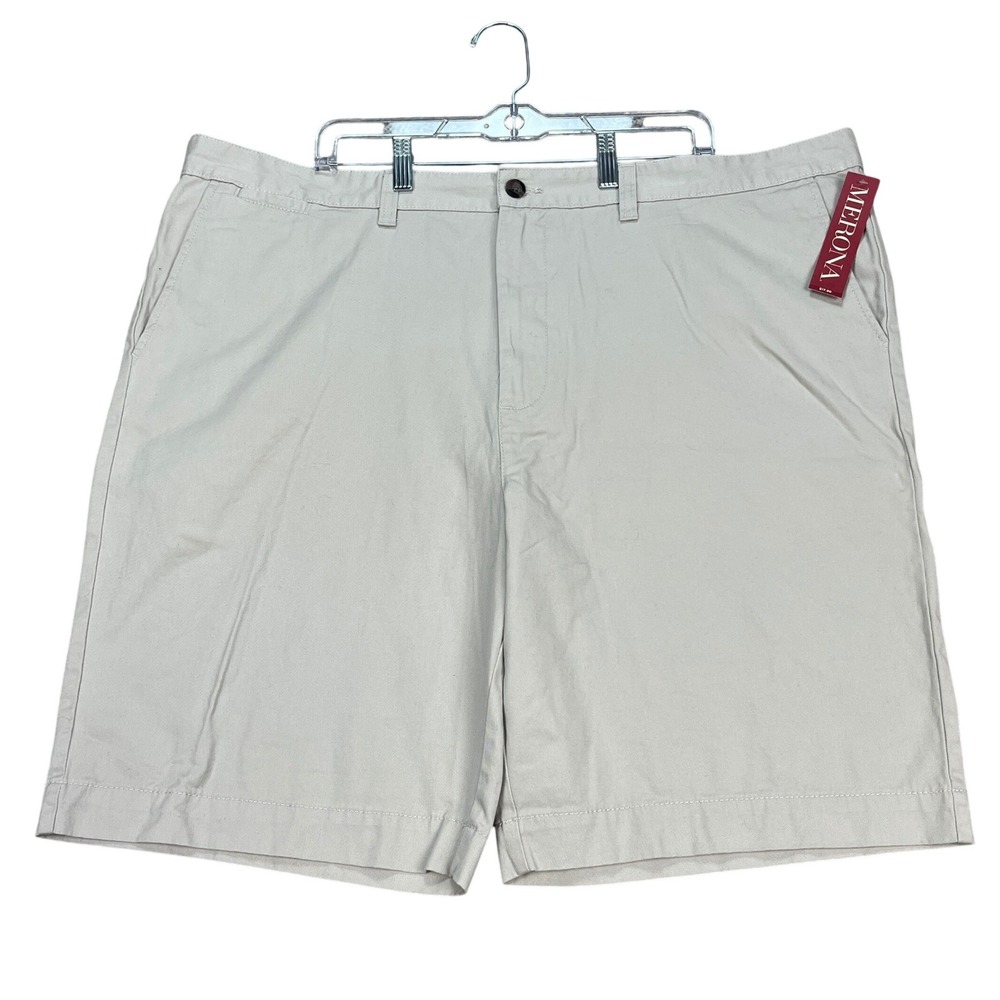 Merona Shorts Mens 46 10 Inseam Khaki‎ Beige Flat Front Chino Twill Classic Fit